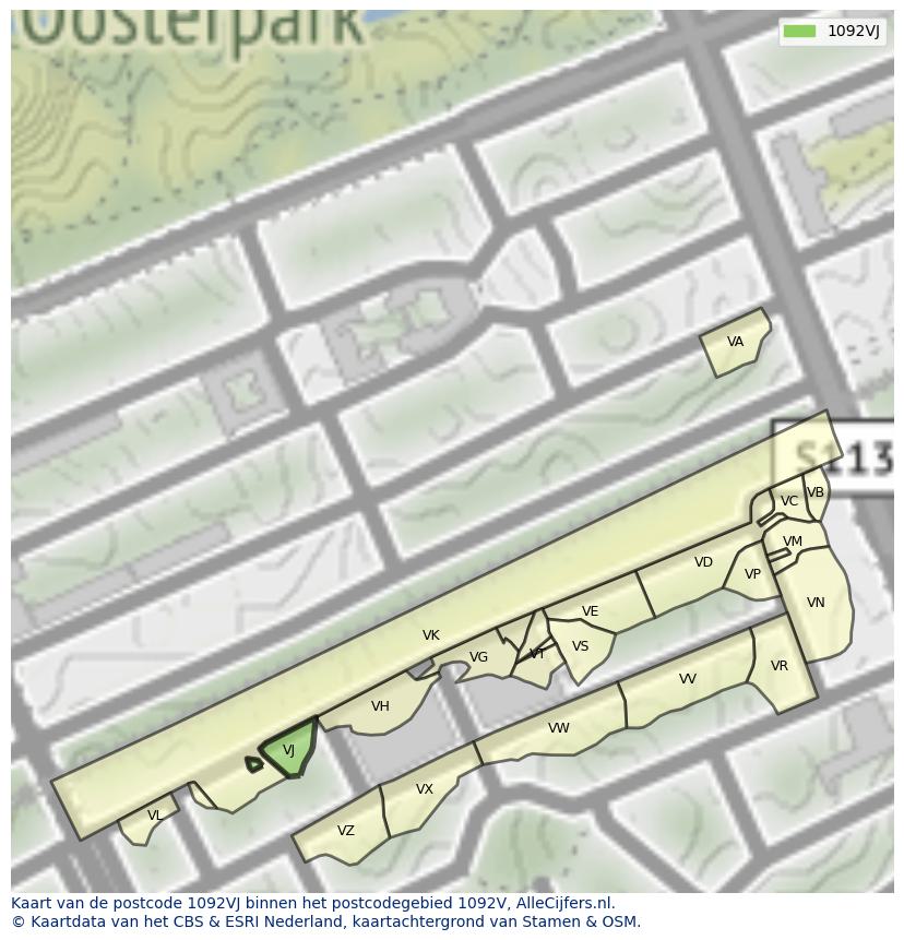 Afbeelding van het postcodegebied 1092 VJ op de kaart.