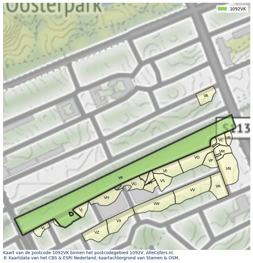 Afbeelding van het postcodegebied 1092 VK op de kaart.