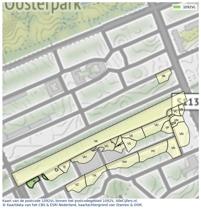 Afbeelding van het postcodegebied 1092 VL op de kaart.