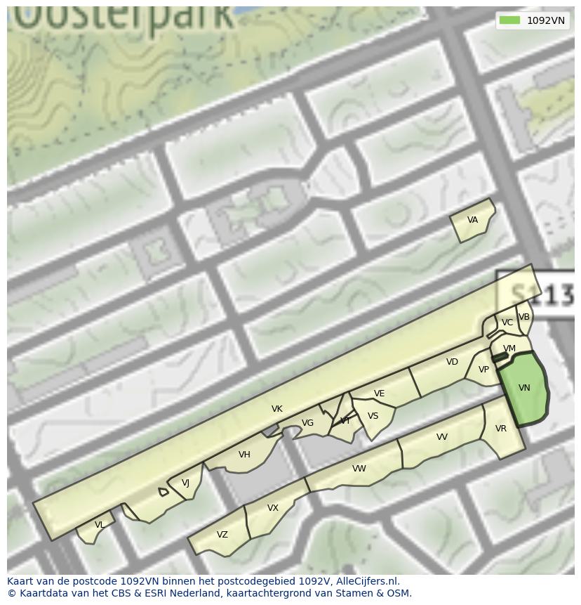 Afbeelding van het postcodegebied 1092 VN op de kaart.