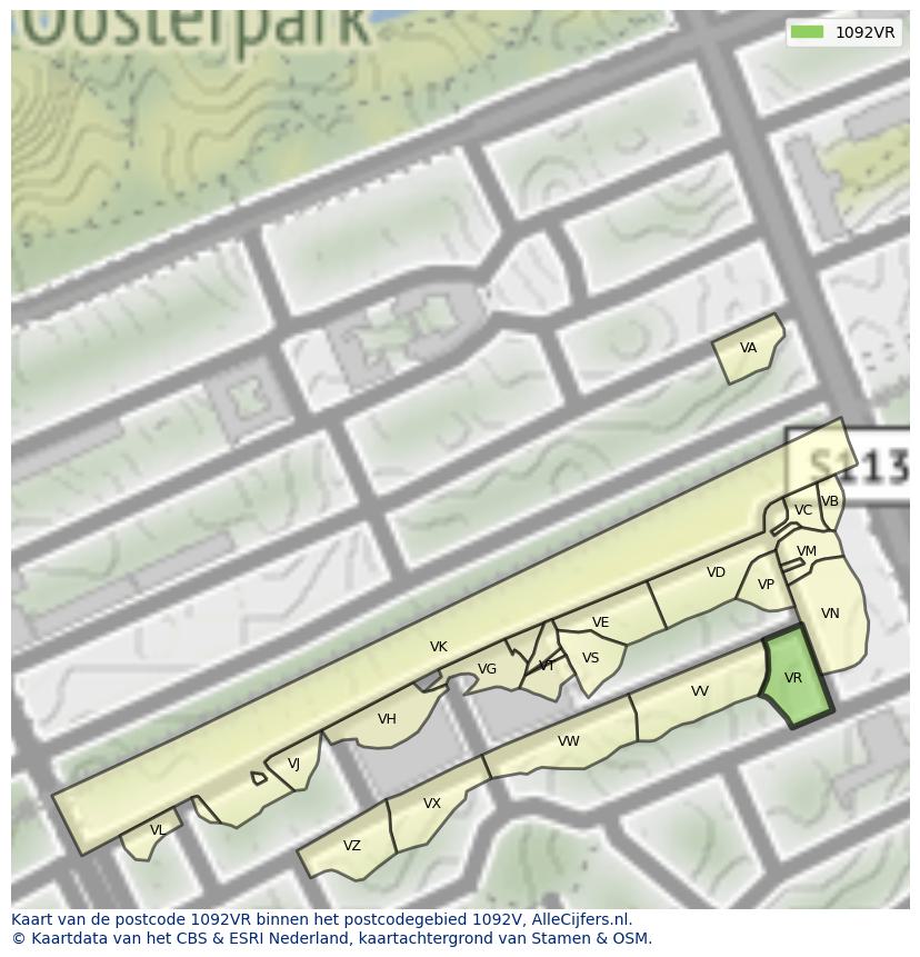 Afbeelding van het postcodegebied 1092 VR op de kaart.