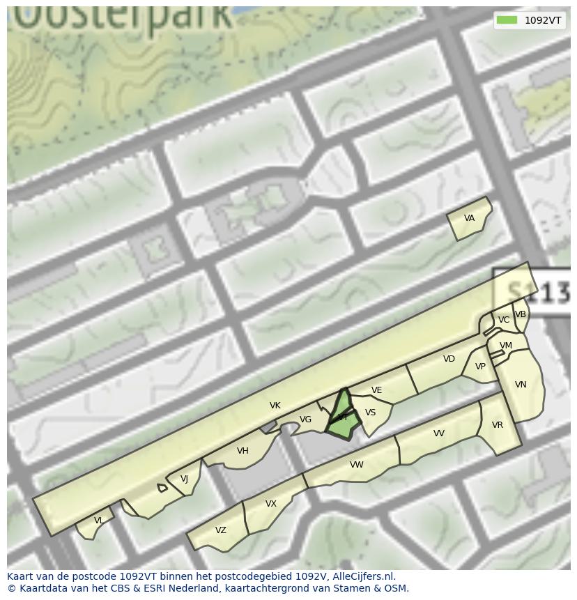 Afbeelding van het postcodegebied 1092 VT op de kaart.