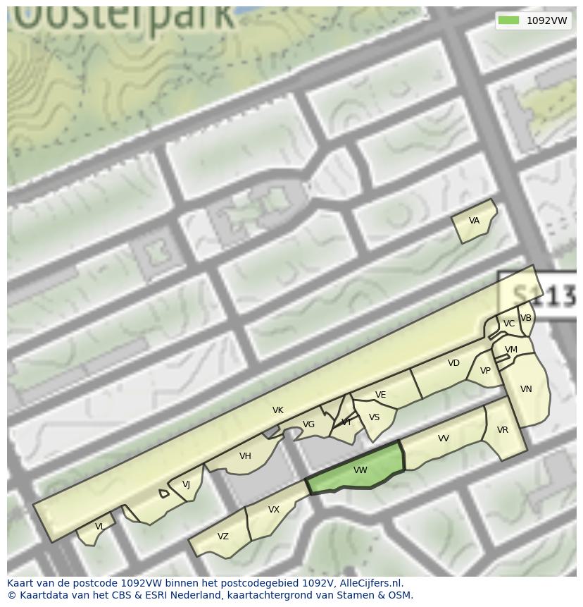 Afbeelding van het postcodegebied 1092 VW op de kaart.