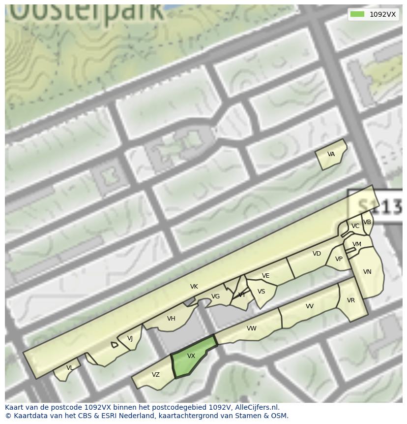 Afbeelding van het postcodegebied 1092 VX op de kaart.