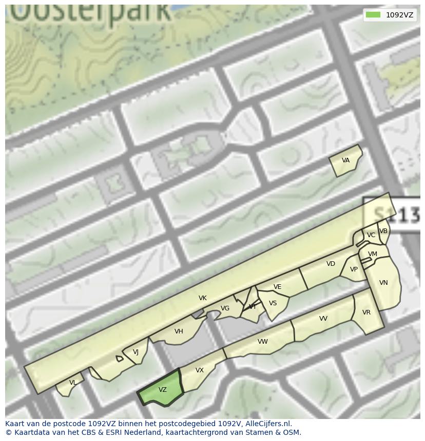 Afbeelding van het postcodegebied 1092 VZ op de kaart.