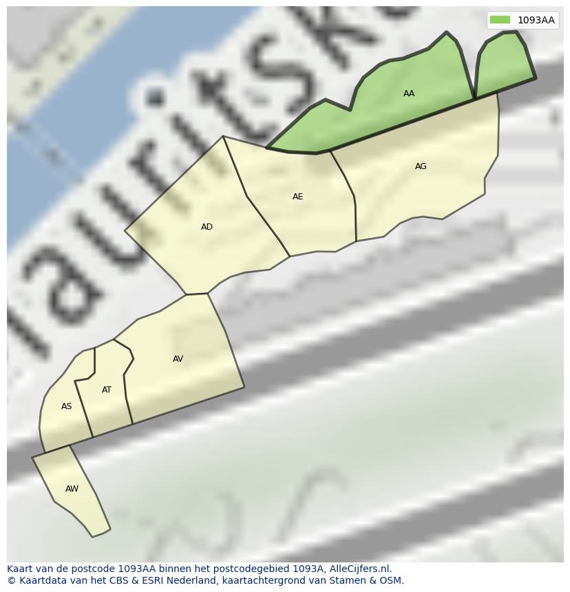 Afbeelding van het postcodegebied 1093 AA op de kaart.