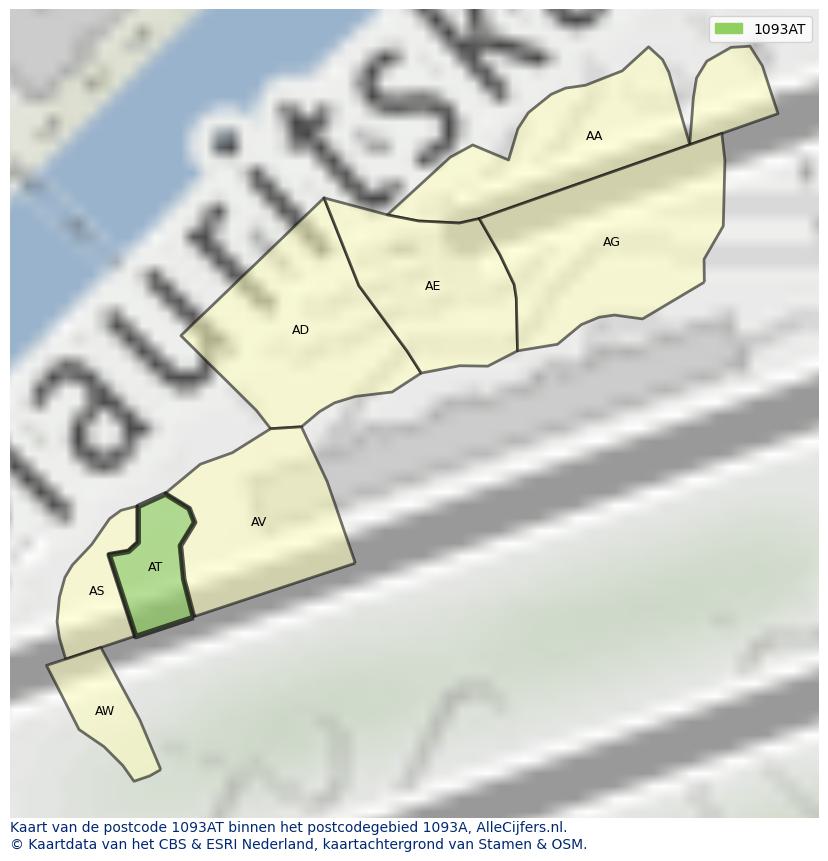 Afbeelding van het postcodegebied 1093 AT op de kaart.