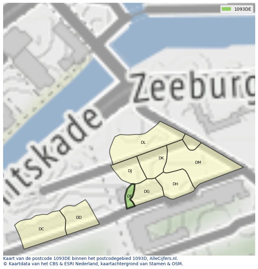 Afbeelding van het postcodegebied 1093 DE op de kaart.