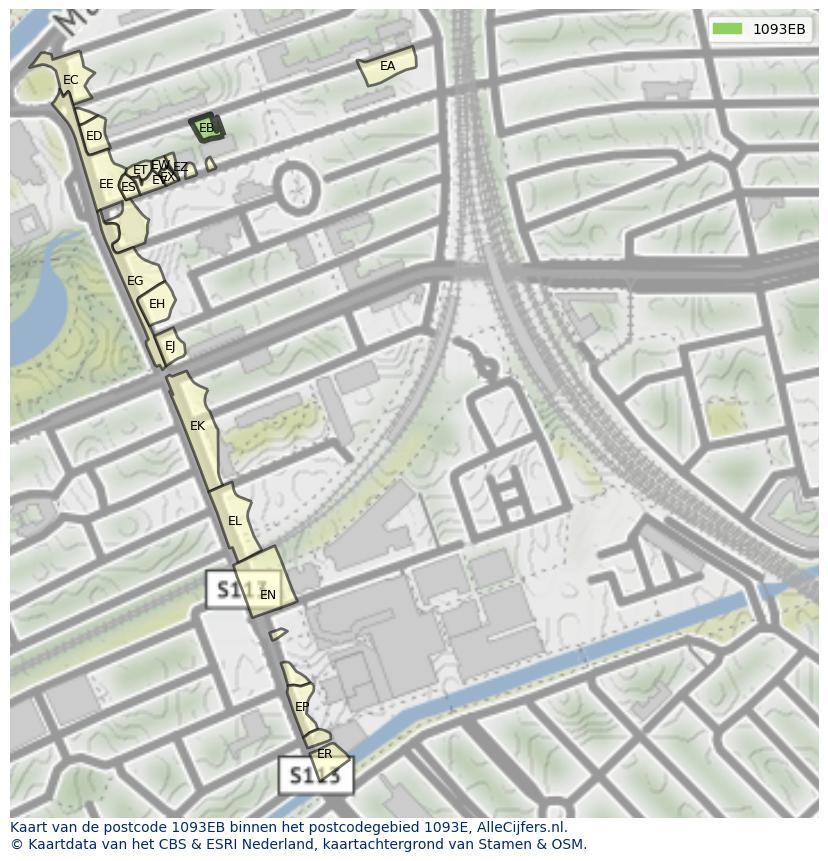 Afbeelding van het postcodegebied 1093 EB op de kaart.