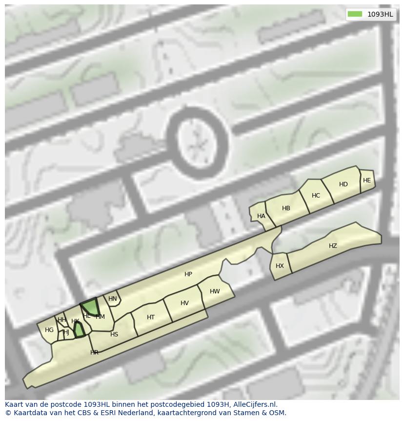 Afbeelding van het postcodegebied 1093 HL op de kaart.