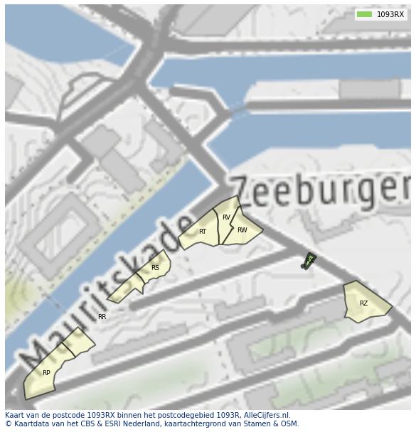 Afbeelding van het postcodegebied 1093 RX op de kaart.