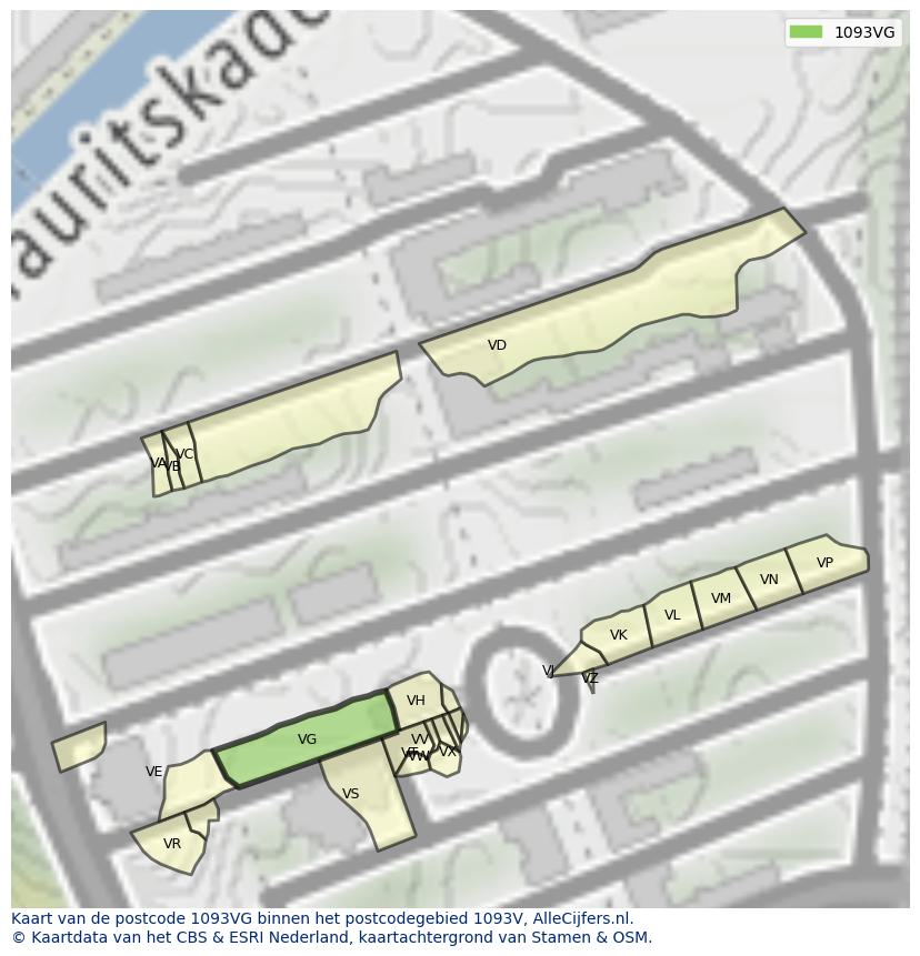 Afbeelding van het postcodegebied 1093 VG op de kaart.