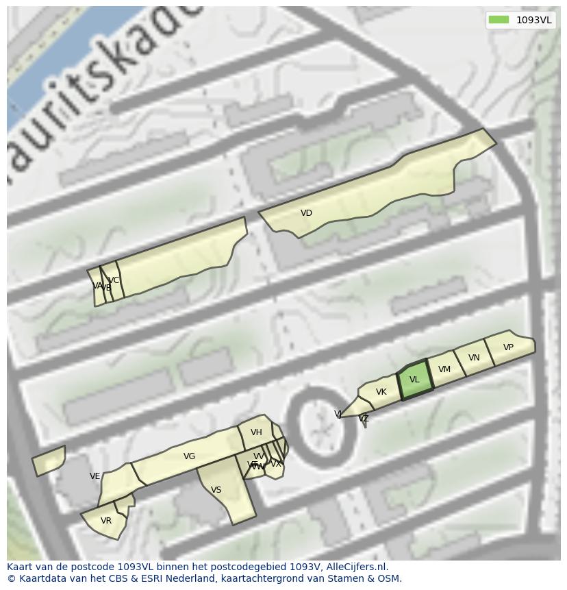 Afbeelding van het postcodegebied 1093 VL op de kaart.