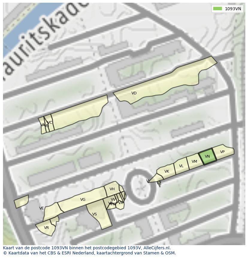 Afbeelding van het postcodegebied 1093 VN op de kaart.