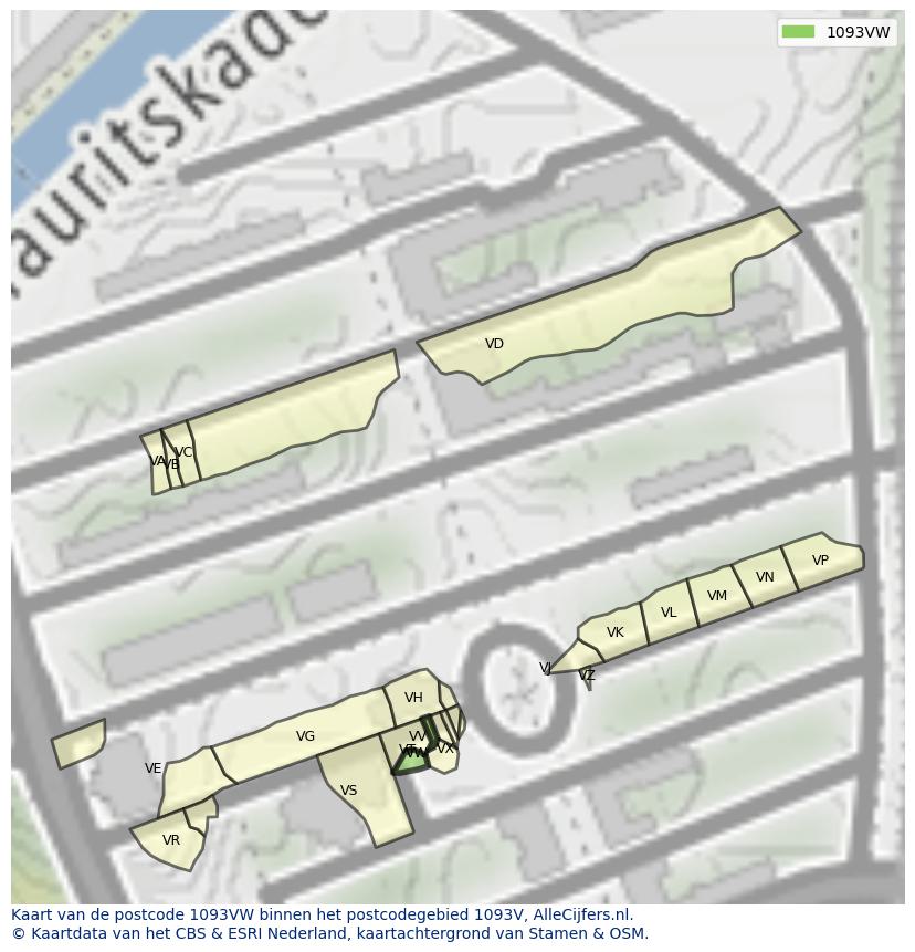Afbeelding van het postcodegebied 1093 VW op de kaart.