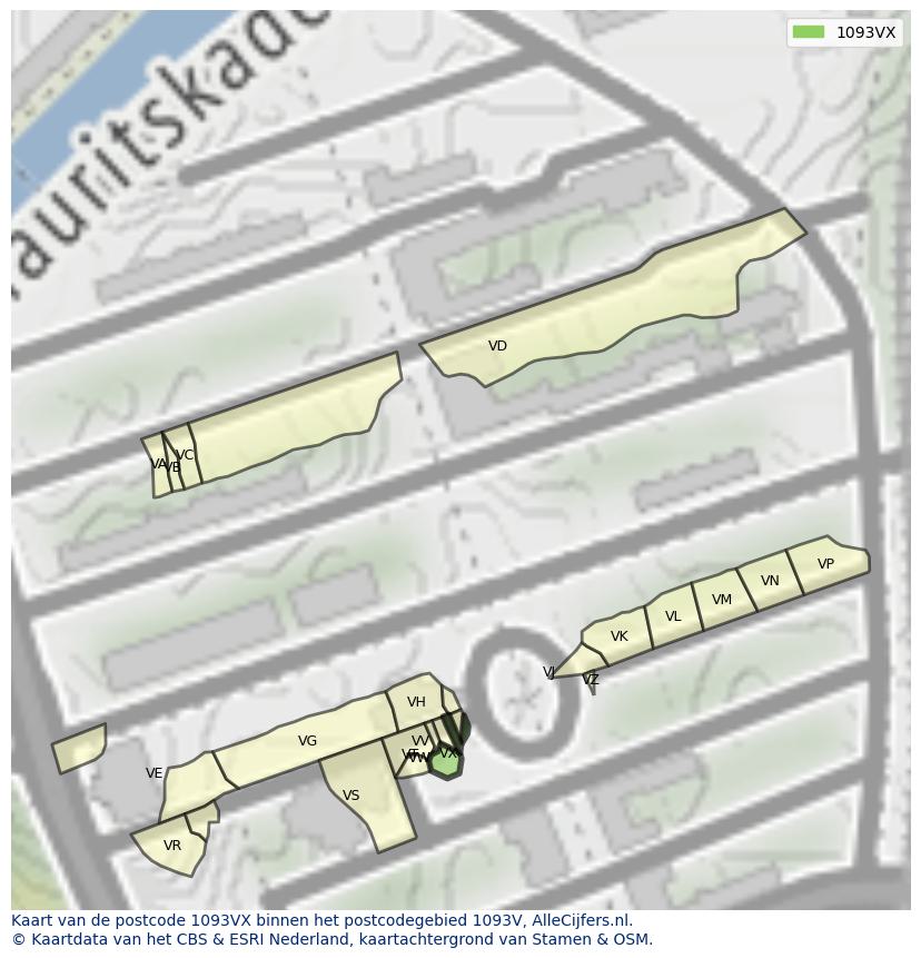 Afbeelding van het postcodegebied 1093 VX op de kaart.