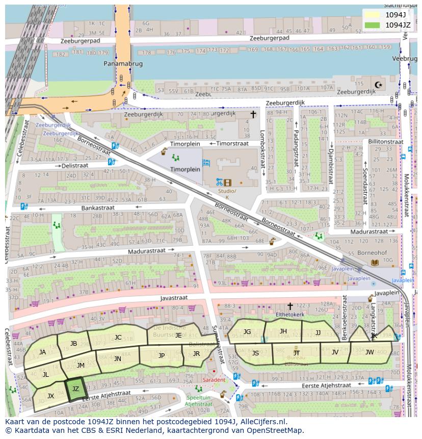 Afbeelding van het postcodegebied 1094 JZ op de kaart.