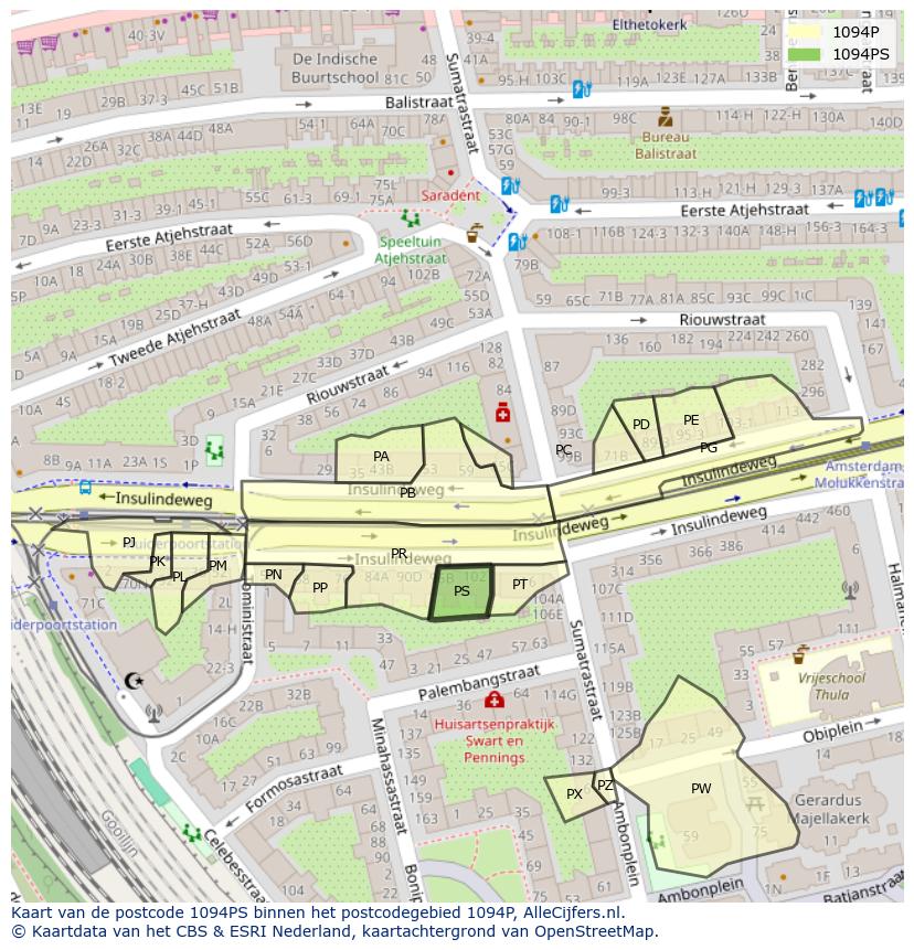 Afbeelding van het postcodegebied 1094 PS op de kaart.
