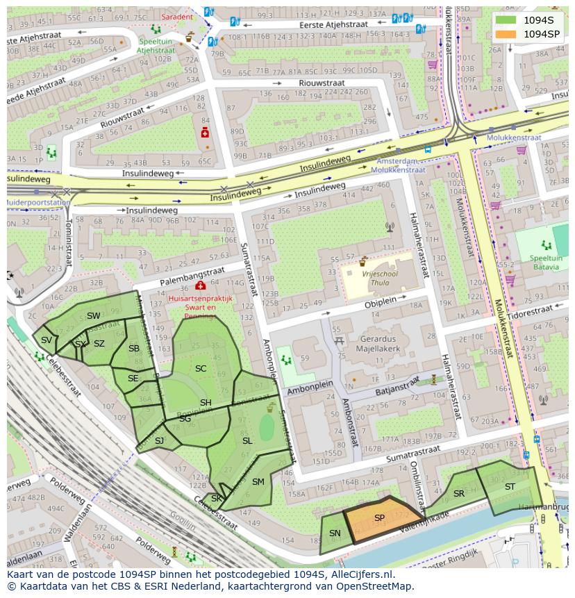 Afbeelding van het postcodegebied 1094 SP op de kaart.