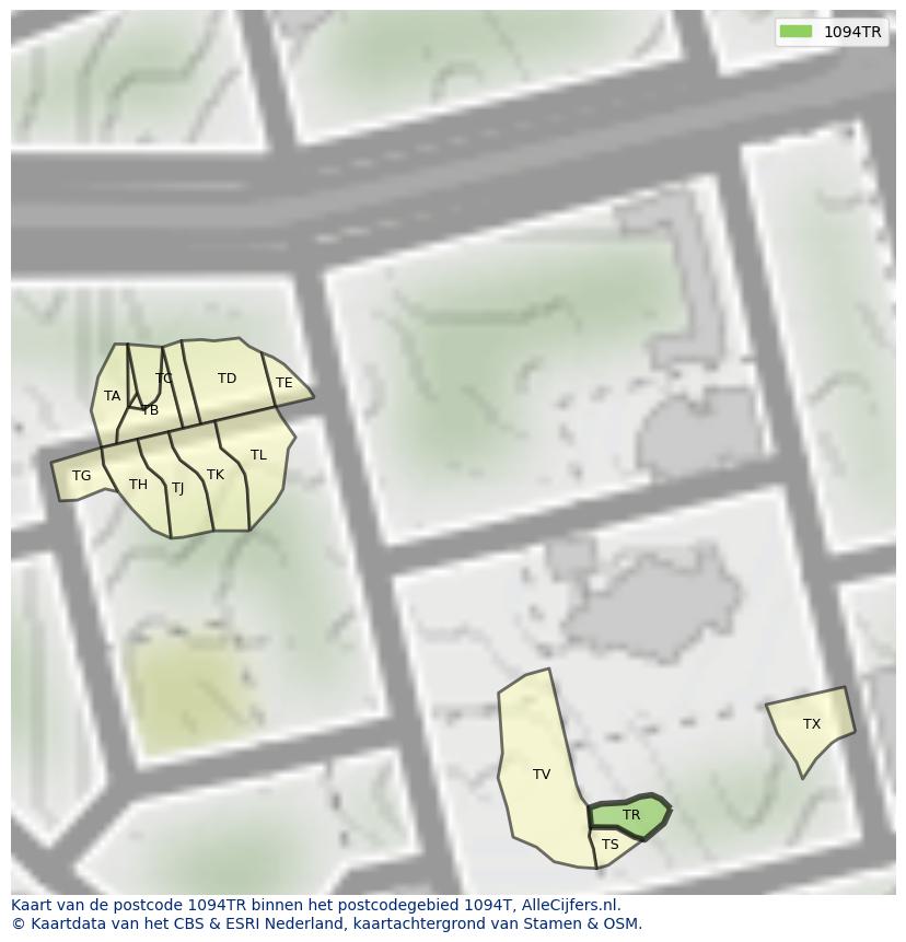 Afbeelding van het postcodegebied 1094 TR op de kaart.