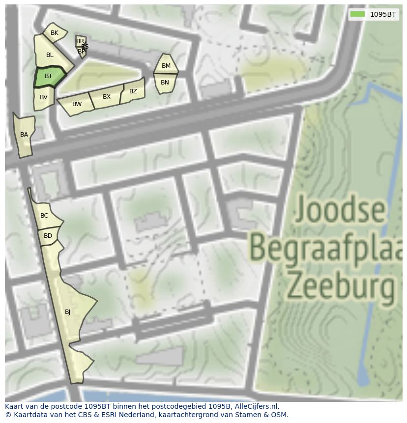 Afbeelding van het postcodegebied 1095 BT op de kaart.