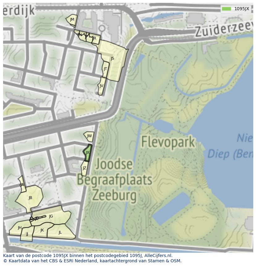 Afbeelding van het postcodegebied 1095 JX op de kaart.