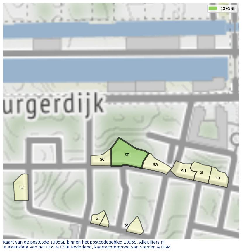 Afbeelding van het postcodegebied 1095 SE op de kaart.
