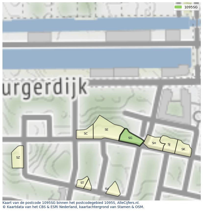 Afbeelding van het postcodegebied 1095 SG op de kaart.