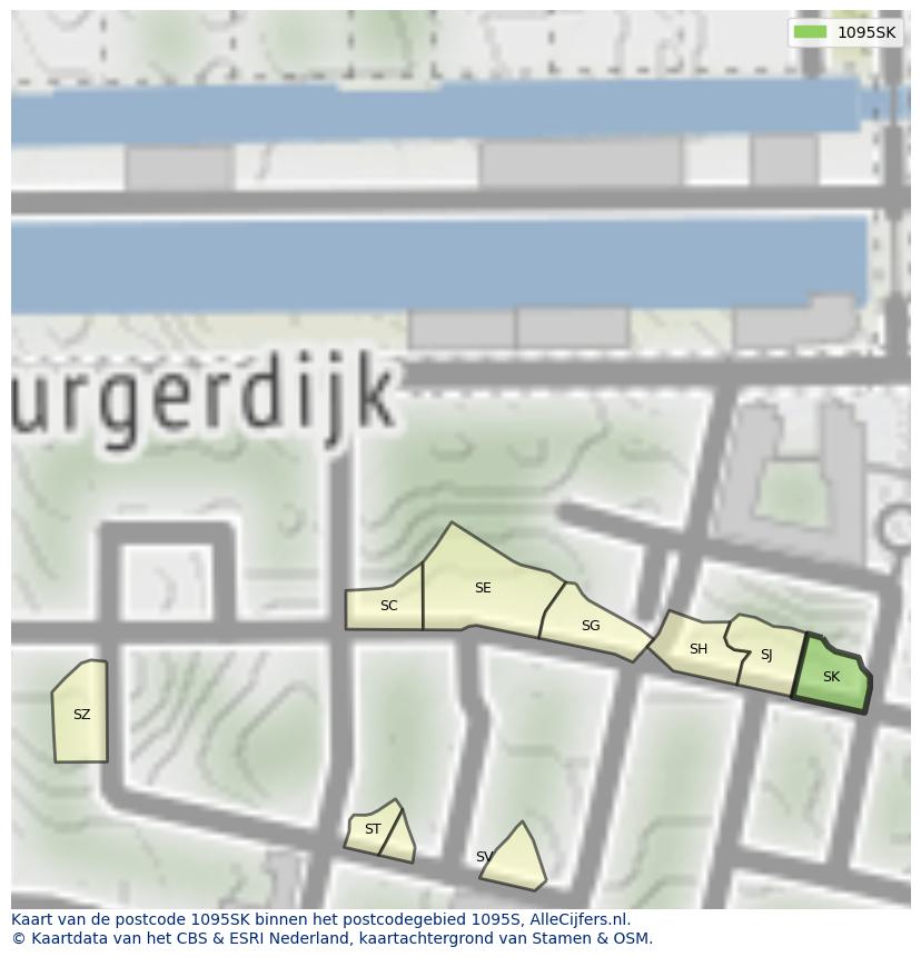 Afbeelding van het postcodegebied 1095 SK op de kaart.