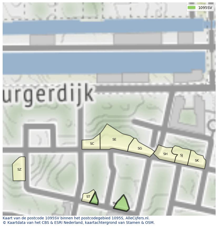 Afbeelding van het postcodegebied 1095 SV op de kaart.