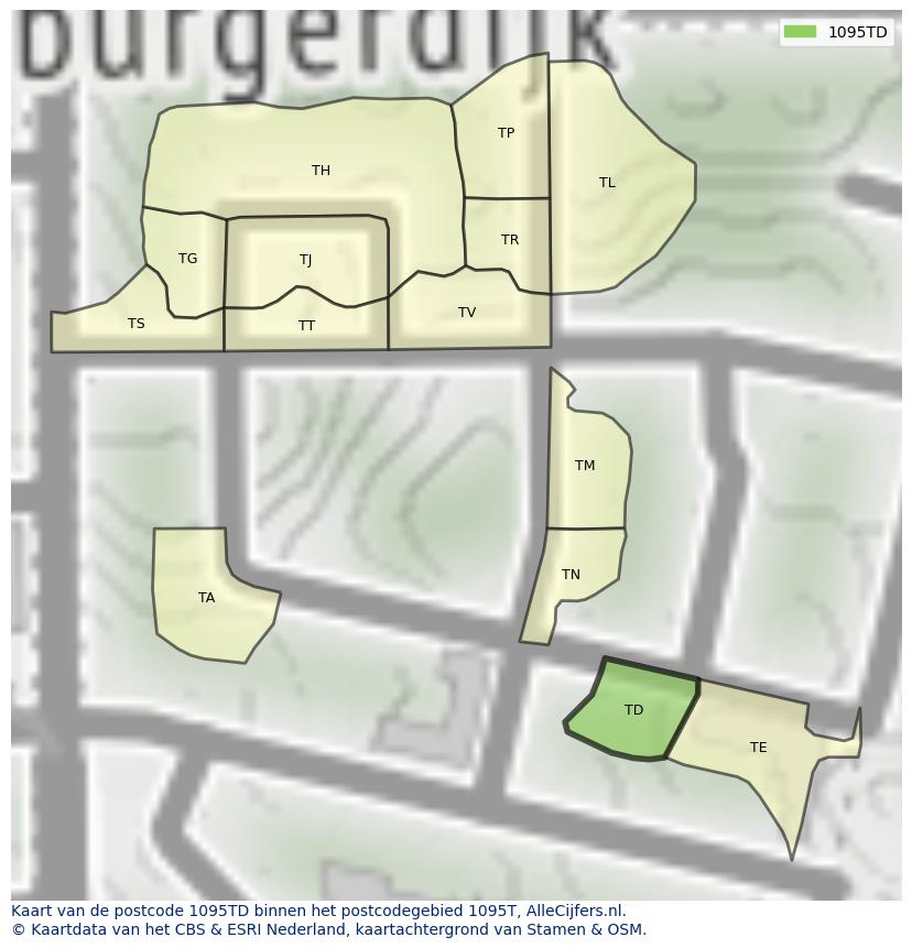 Afbeelding van het postcodegebied 1095 TD op de kaart.