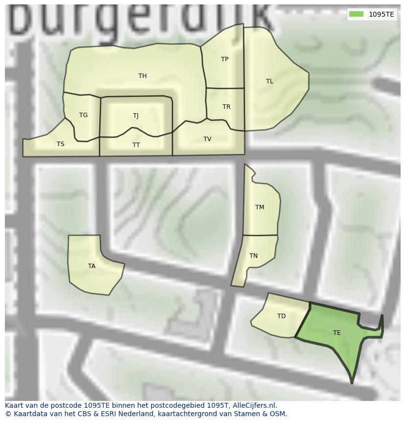 Afbeelding van het postcodegebied 1095 TE op de kaart.