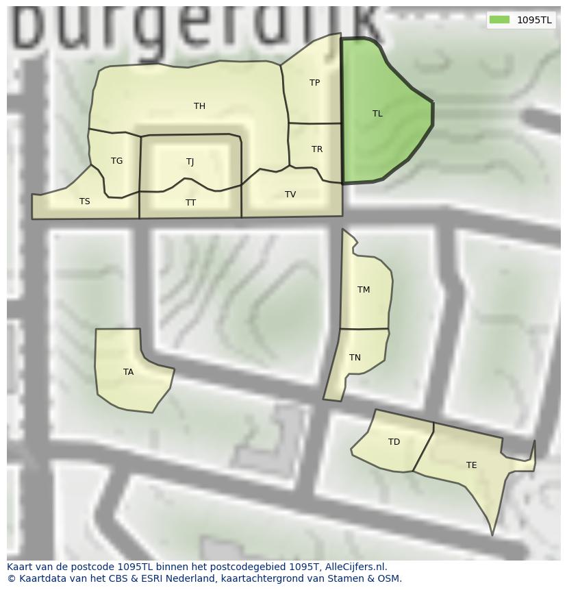 Afbeelding van het postcodegebied 1095 TL op de kaart.