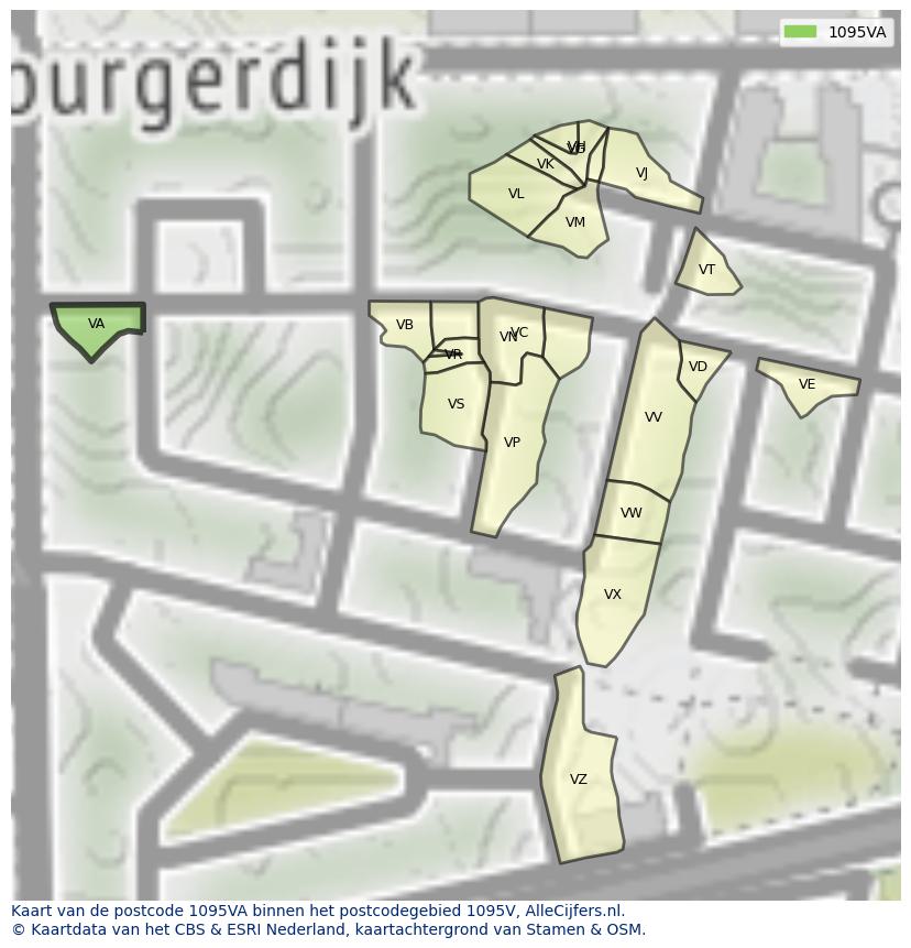 Afbeelding van het postcodegebied 1095 VA op de kaart.