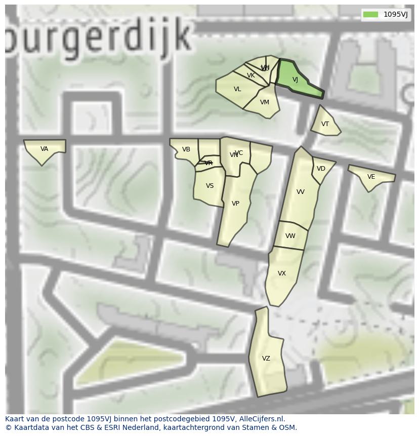 Afbeelding van het postcodegebied 1095 VJ op de kaart.