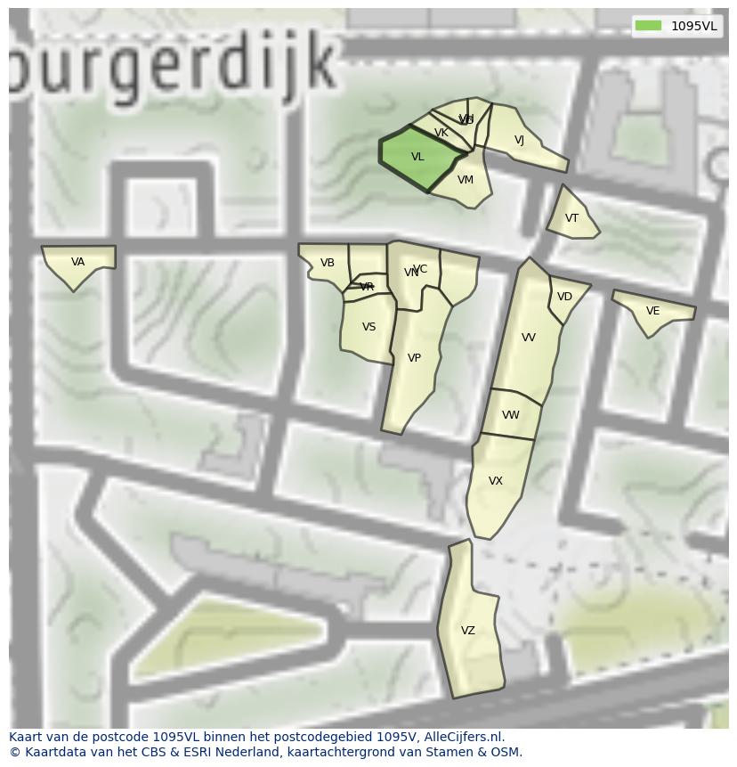 Afbeelding van het postcodegebied 1095 VL op de kaart.