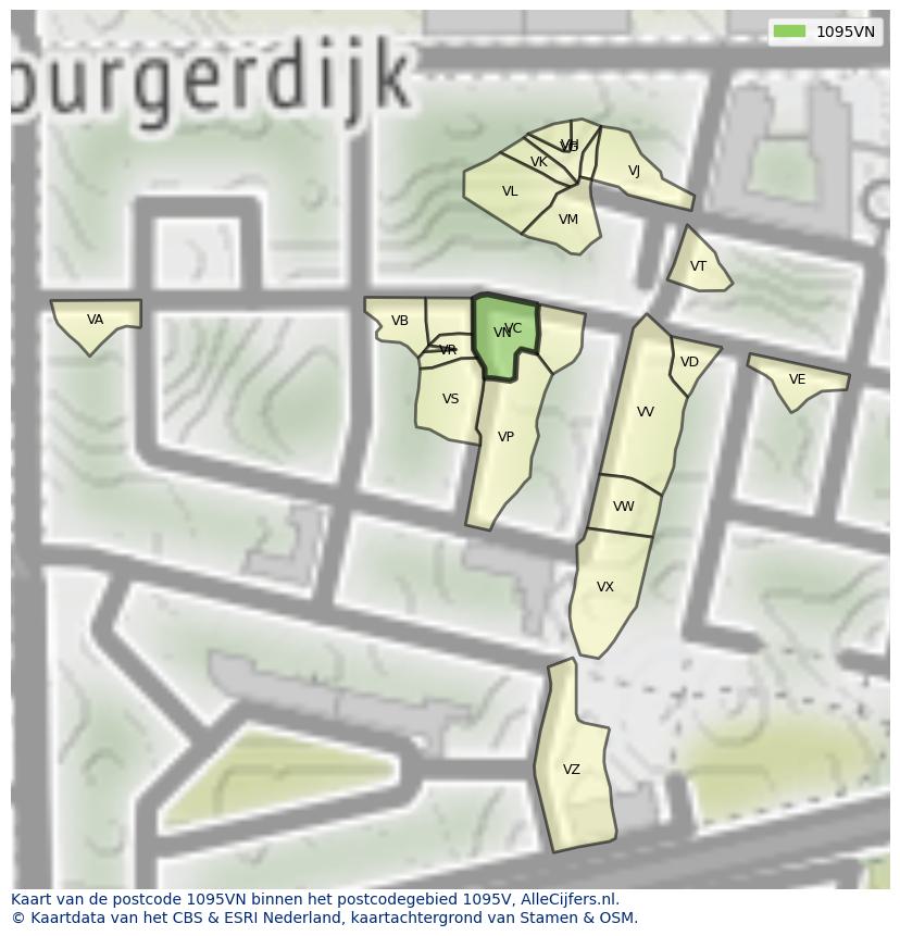 Afbeelding van het postcodegebied 1095 VN op de kaart.