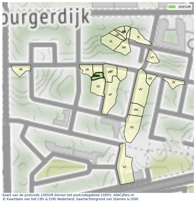 Afbeelding van het postcodegebied 1095 VR op de kaart.