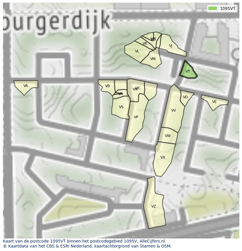 Afbeelding van het postcodegebied 1095 VT op de kaart.