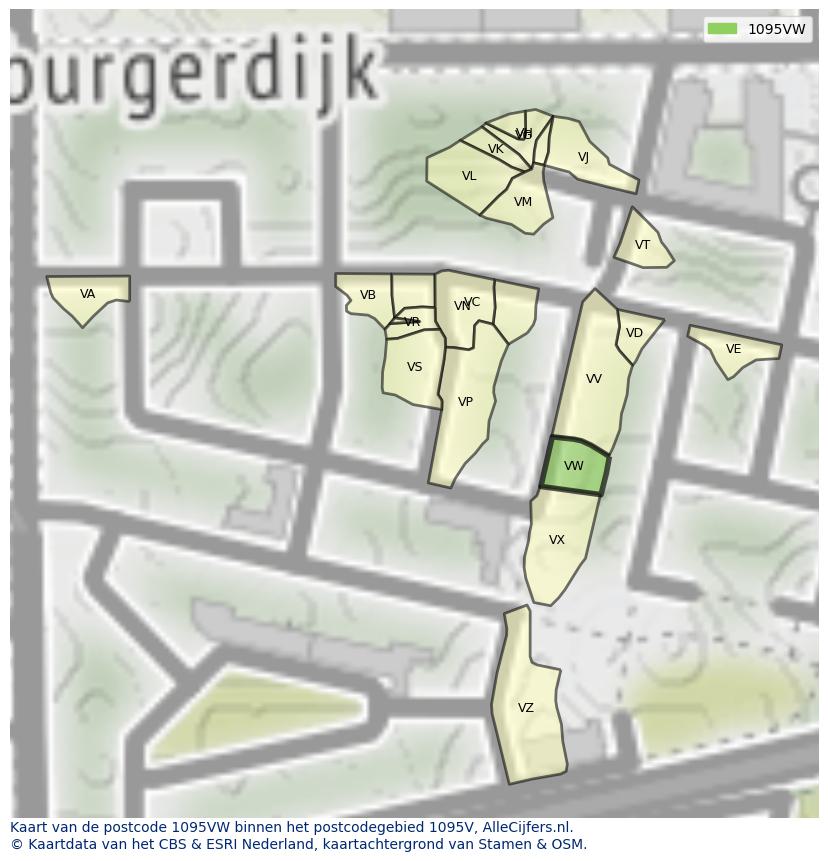 Afbeelding van het postcodegebied 1095 VW op de kaart.