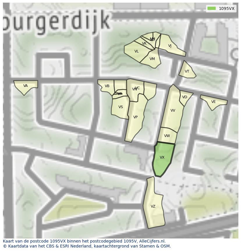 Afbeelding van het postcodegebied 1095 VX op de kaart.