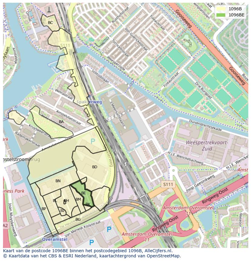 Afbeelding van het postcodegebied 1096 BE op de kaart.