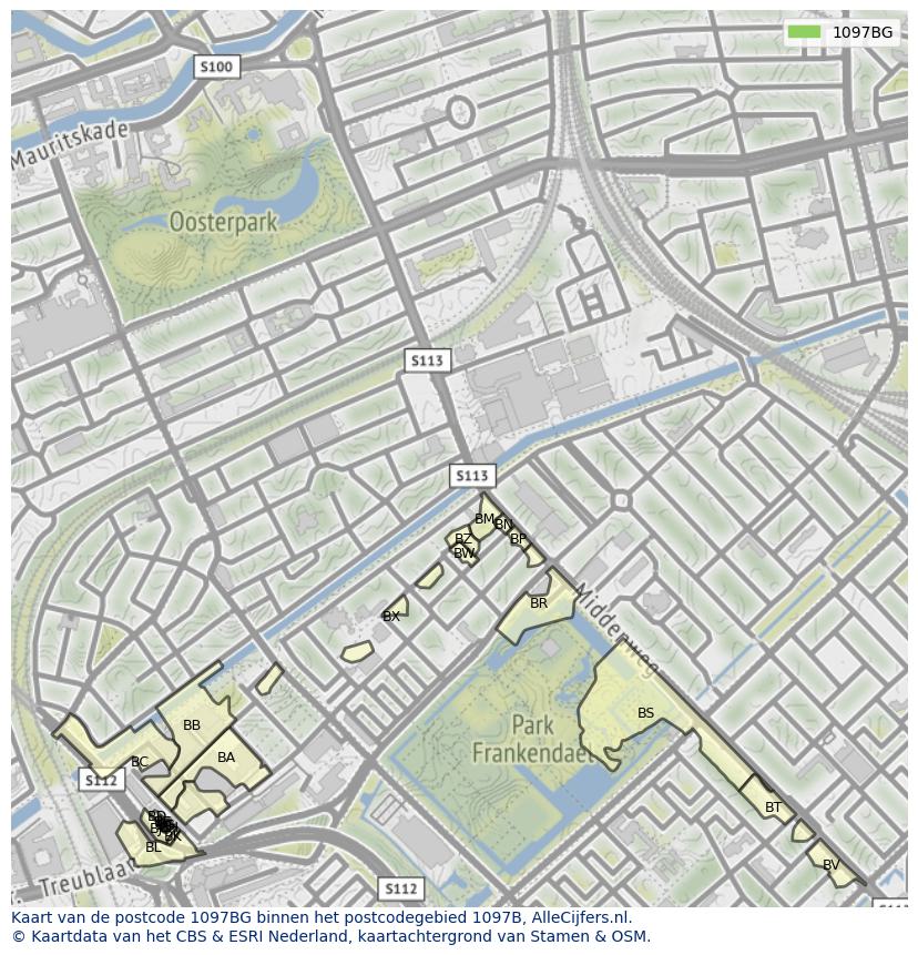 Afbeelding van het postcodegebied 1097 BG op de kaart.