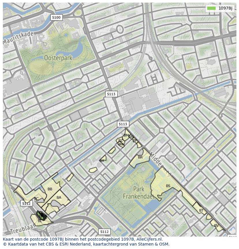 Afbeelding van het postcodegebied 1097 BJ op de kaart.