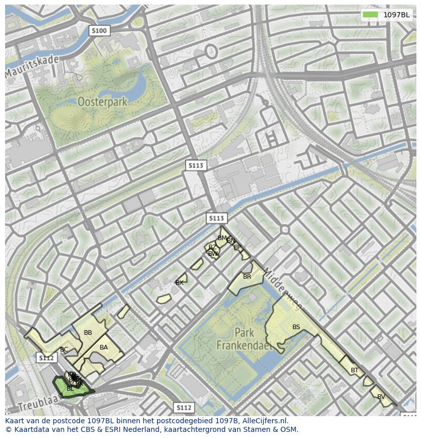 Afbeelding van het postcodegebied 1097 BL op de kaart.
