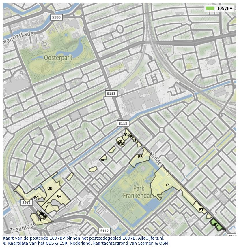 Afbeelding van het postcodegebied 1097 BV op de kaart.