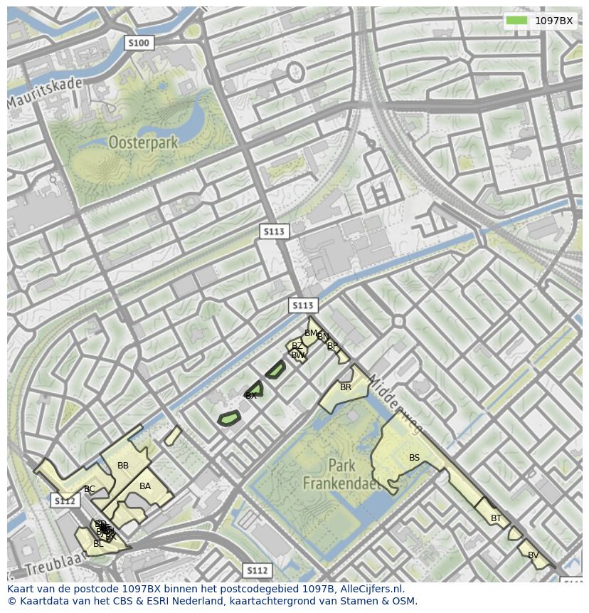 Afbeelding van het postcodegebied 1097 BX op de kaart.