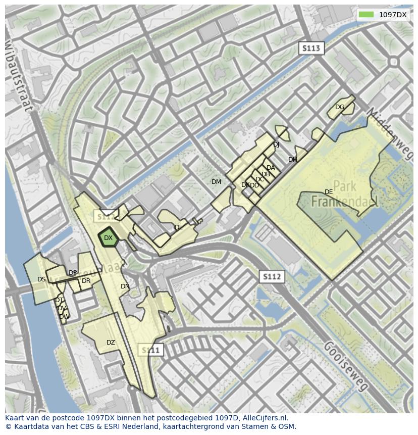 Afbeelding van het postcodegebied 1097 DX op de kaart.