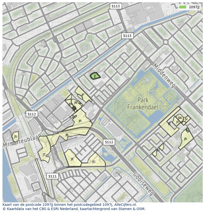 Afbeelding van het postcodegebied 1097 JJ op de kaart.