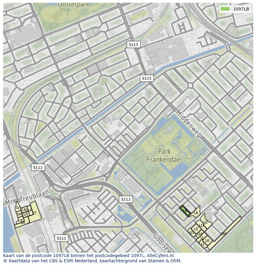Afbeelding van het postcodegebied 1097 LB op de kaart.